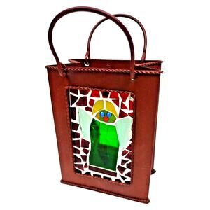 Vintage Stained Glass Metal Bag Tea Light Lantern Candle Christmas Angel Decor
